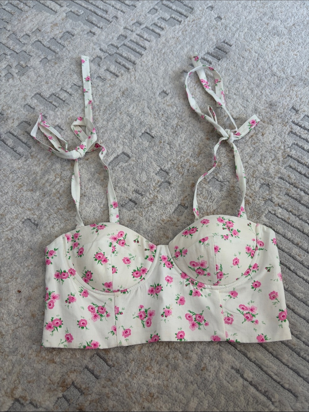 Zara Cream Floral Bustier Crop Top with Pink Roses